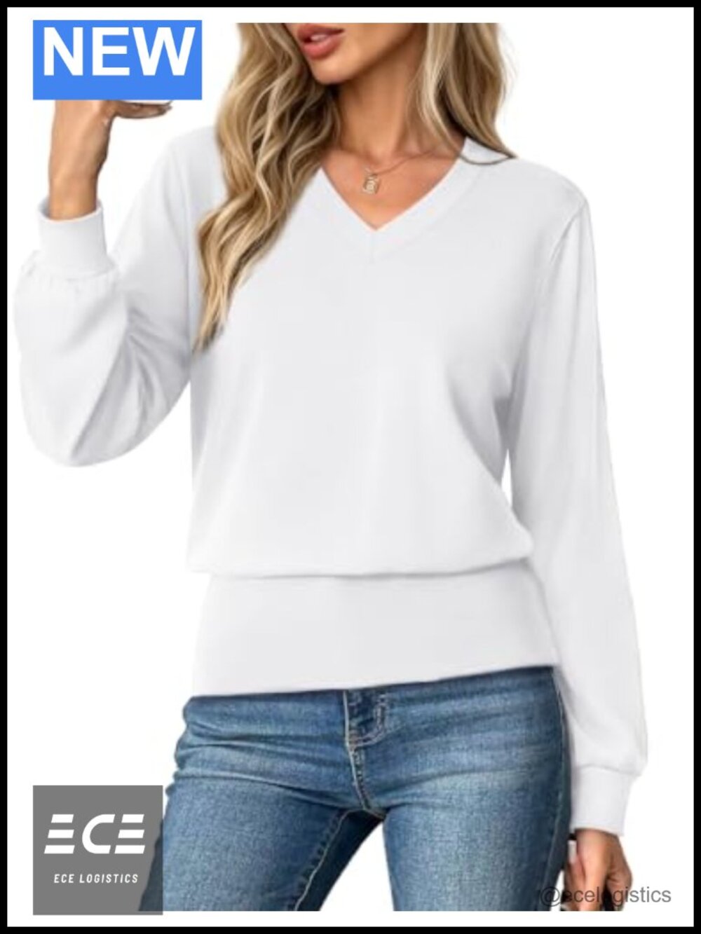 Long Sleeve V Neck Top Elastic Waist Pullover Casual Fall Shirt